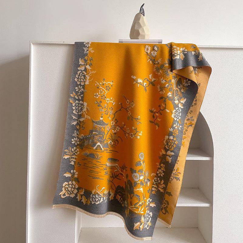 Imitation Cashmere Temperament Scarf Women'S Winter Shawl Thickened Double-Sided Dual-Purpose Long Flower