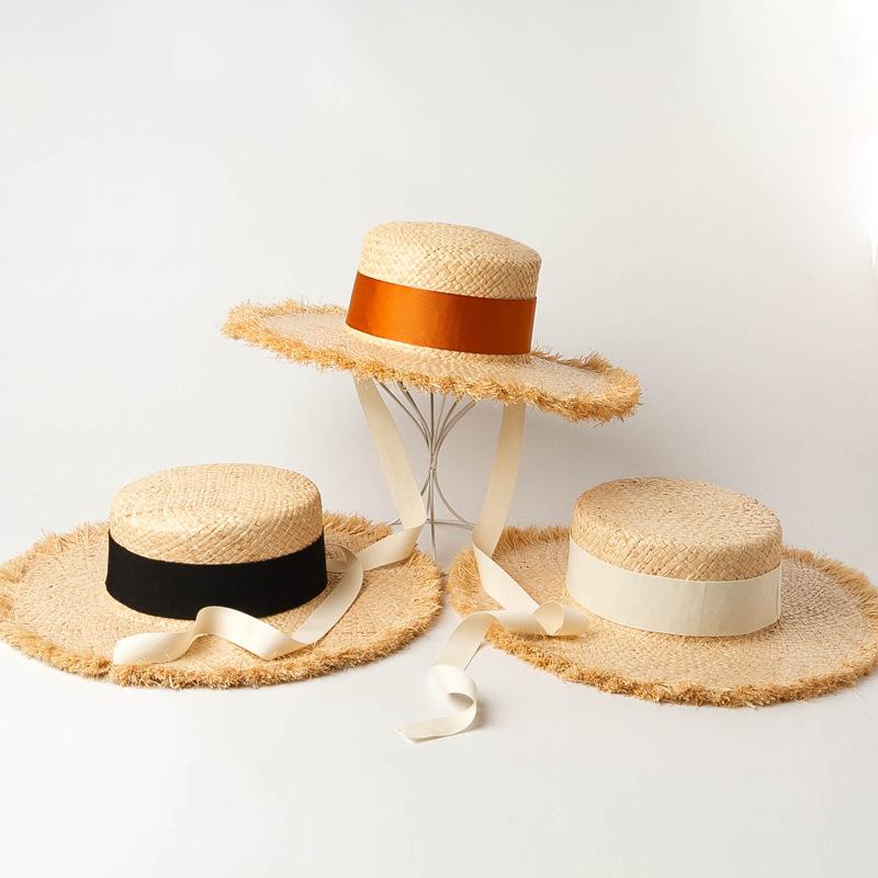 European and American spring and summer new models with straps, hand-woven thickened edged raffia flat top hat, sunshade beach raffia straw hat