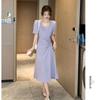Vestido de verano de Color liso, elegante, con cuello cuadrado, cintura plisada, ajustado, manga de burbuja, vestido de moda
