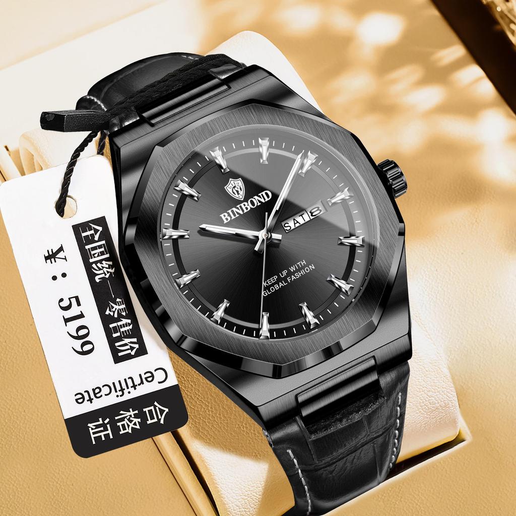 Binbang Men's Luminous Waterproof Quartz Watch with Calendar - Trendy Korean Style