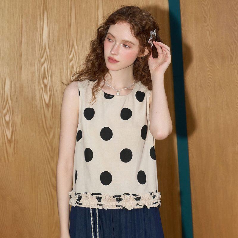 Coolhut Ruffled Versatile Polka Dot Vest with Lace Hem Sleeveless Design 2025 Summer New Style Top for Women