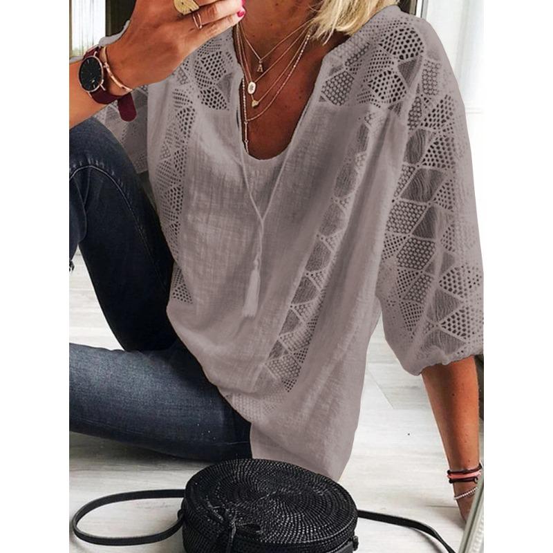 BITCED Women's Fashion Casual Solid Color Print 3/4 Sleeves V Neck Blouses & Shirts