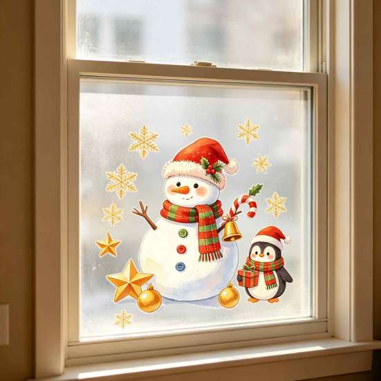 Winter Home Decor Christmas Window Clings, Cute Santa Claus Snowman Xmas Tree Stickers, Wall Stickers PVC Static Glass Decal for Living Room, Bedroom