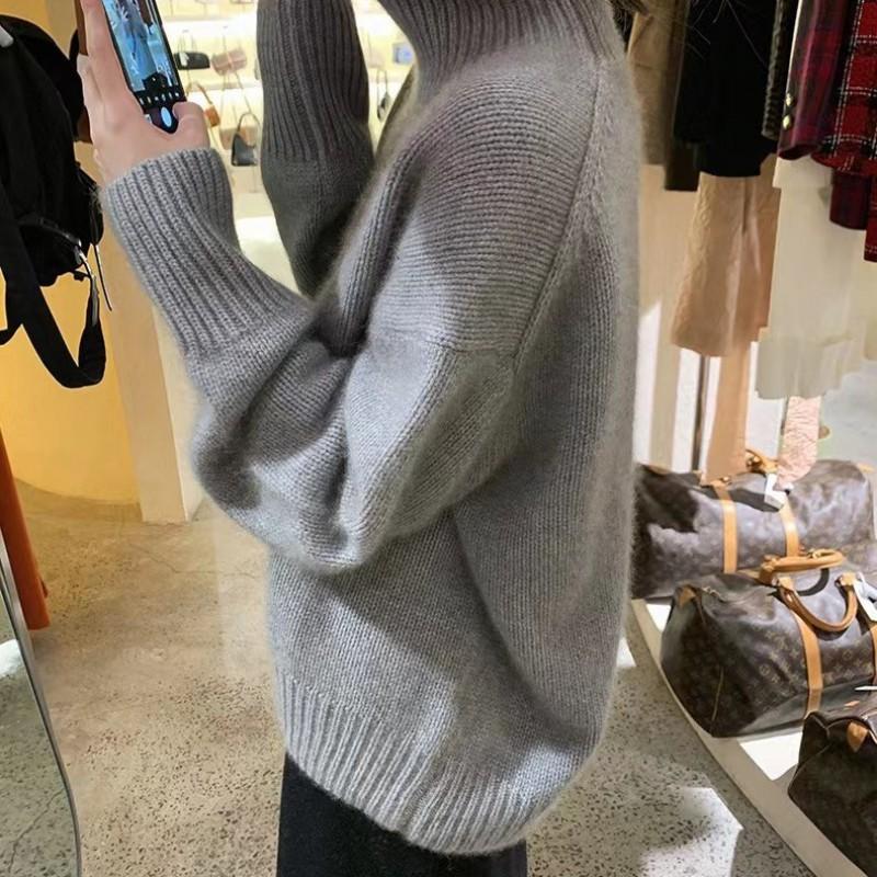 Womens Lazy Style High Neck Solid Color Knit Sweater Soft Warm Casual Top Daily Wear