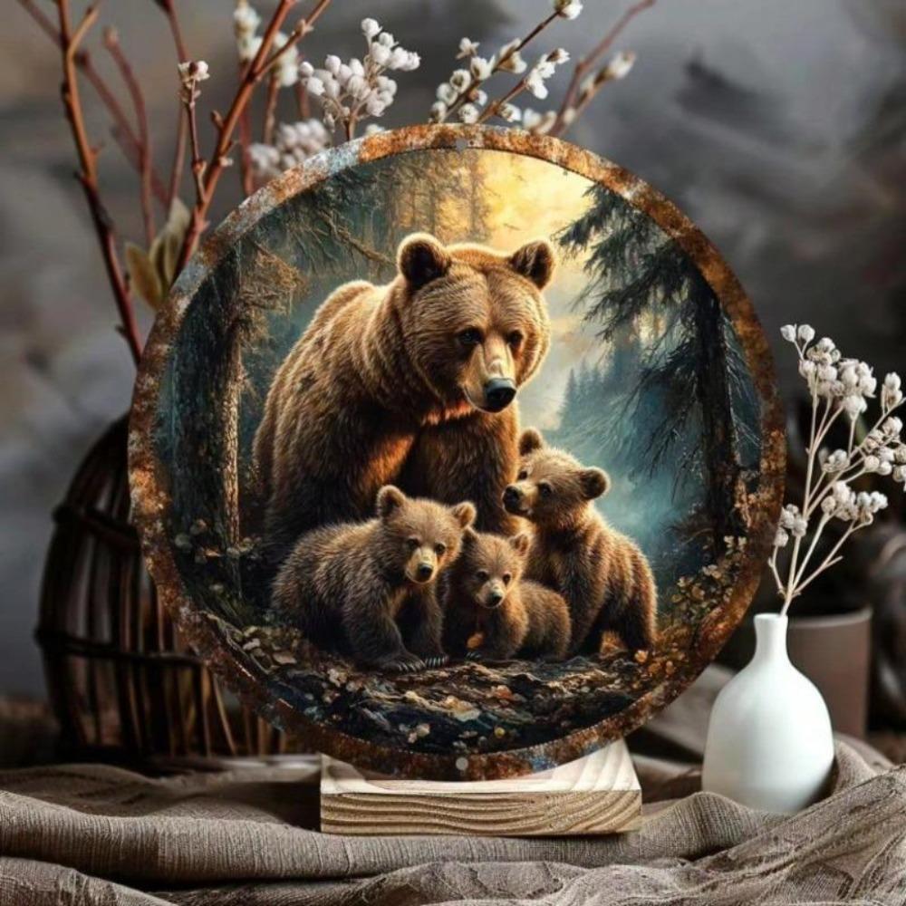 Art Mural en Métal Ours Familial Décor Rustique de la Nature Sauvage pour Intérieur Extérieur