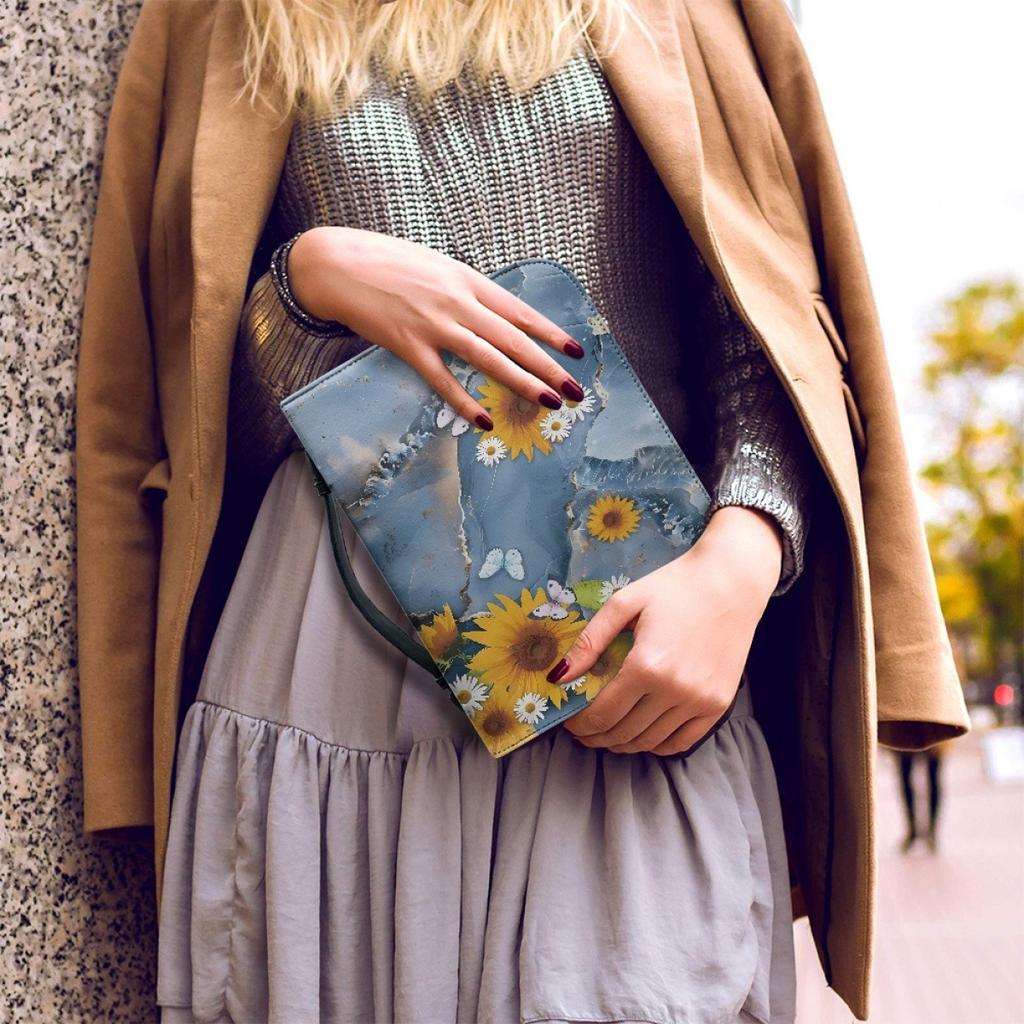 Sunflower Printing Portable Storage Pu Material Book Case Portable Book Bag