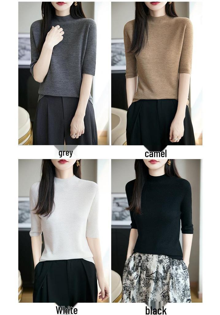 Yangzi 100% Wool Half-High Neck Knit Top, Women's Five-Point Sleeve Sweater - Early Autumn 2026