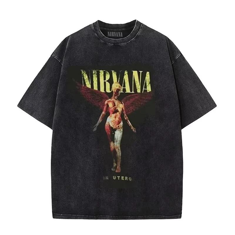 Nirvana Rock Band Men's Retro Cotton Washed Tee In Utero Album Man Women's Oversized Y2K Distress Tshirt Casual Loose Streetwear