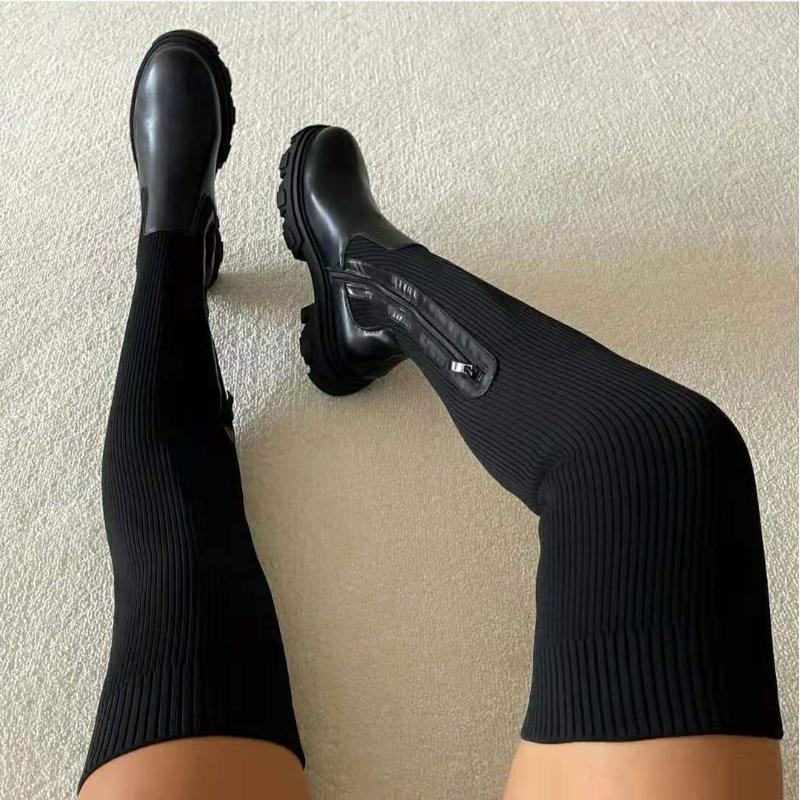 Women Thick Sole Boots  Autumn Winter Breathable Knitting Sock Ladies Thigh High Boots Stretch Round Toe Shoes Plus Size 43