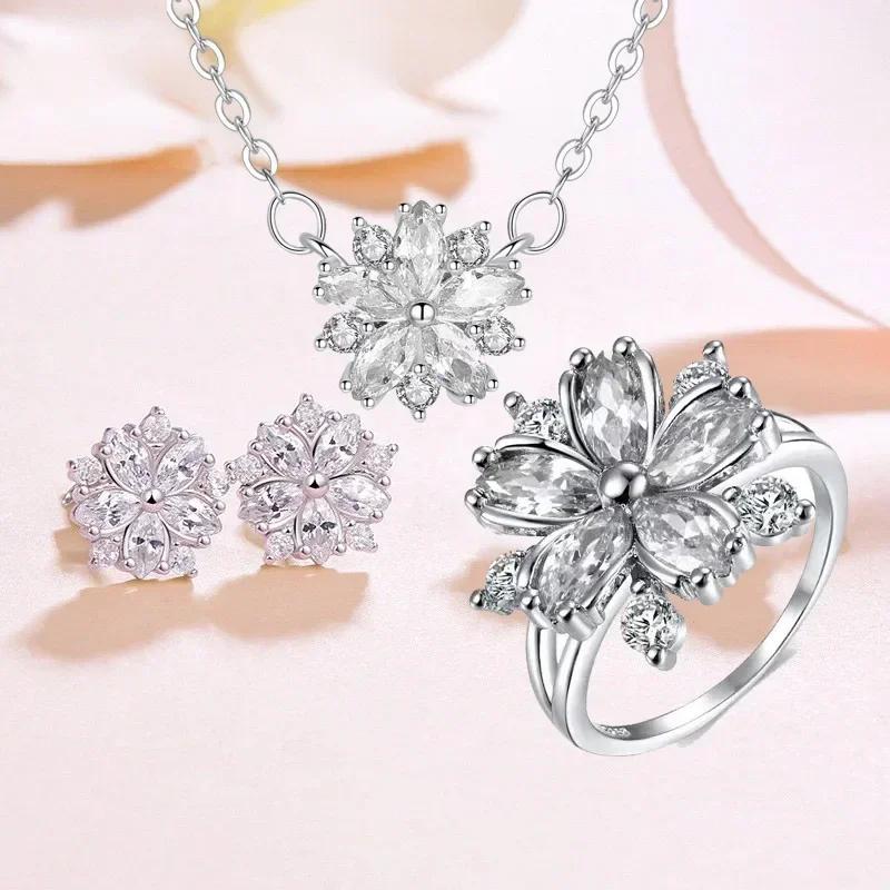 

New Earrings and Rings 2-piece Zircon Set Pink Flower Zirconia Romantic Bridal Wedding Women s Dress Birthday Gift 5&45cm білий
