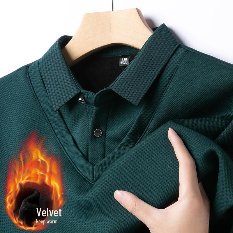 Winter Sale: Men's Fleece-Lined Two-in-One T-Shirt with Shirt Collar – Thick, Warm Base Layer