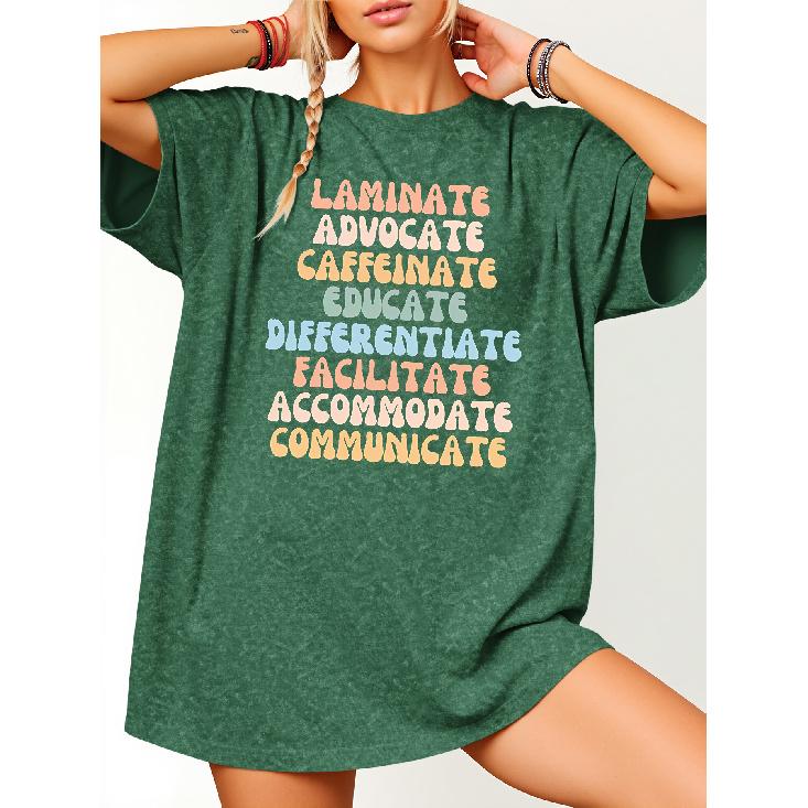 Macaron color scheme inspirational text print for education practitioners T Shirt| Teacher's Commuting Gentle Casual Loose Round Neck Top|Vintage