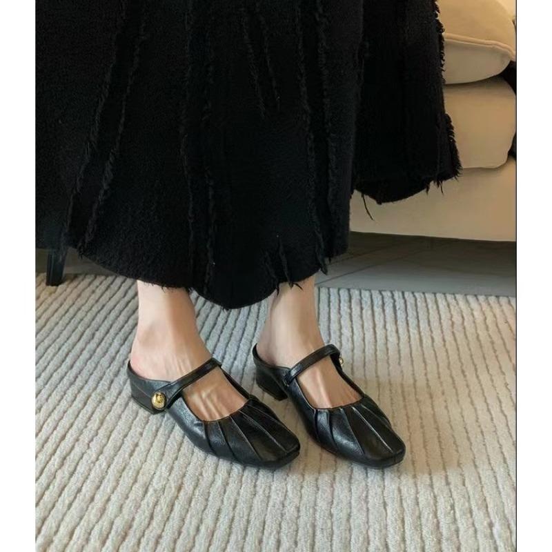 

Баотоу полутапочки женские сандалии на толстом каблуке с одной пуговицей женская уличная обувь сандалии Мэри Джейн с квадратным носком туфли на среднем каблуке 35 чёрный