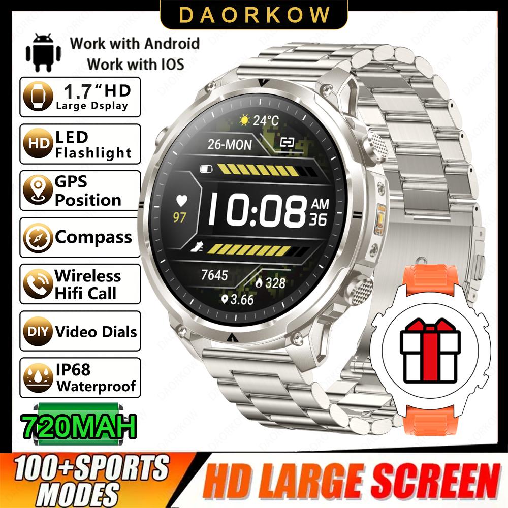 New Men GPS Smartwatch 1.7" HD Screen Military Call IP68 Waterproof 100 Sport Modes Smart Watch with 720mAh Large Battery
