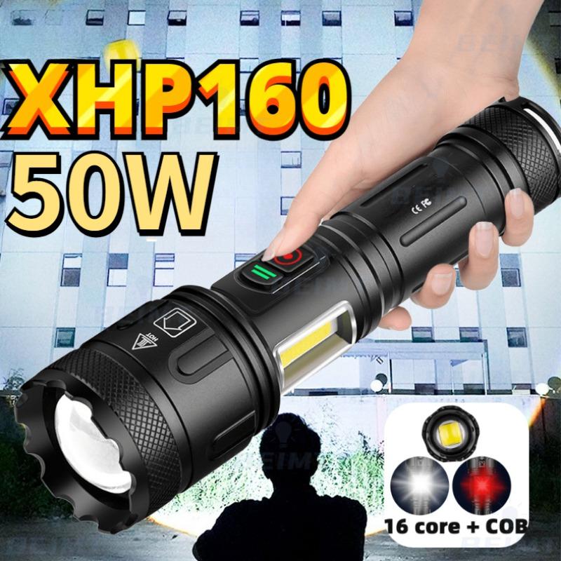 

50 Вт XHP160 LED + COB Белый/красный свет Наружный мощный фонарик USB-C с зарядкой из алюминиевого сплава с боковыми огнями Светодиодный фонарик
