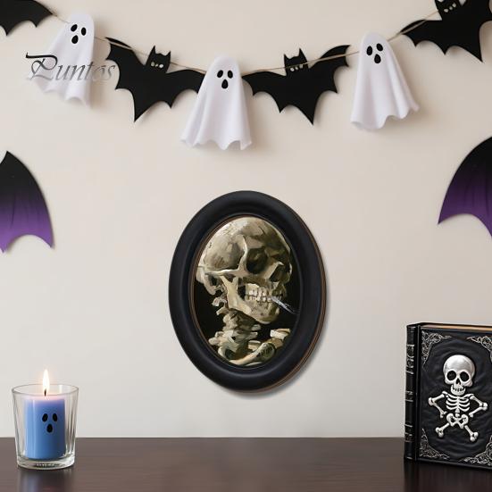 Ghost Oil Painting Print Halloween Wall Decor, Cute Table Sign, Vintage Oval Framed Retro Decor Picture, Decorative Art for Mantel Living Room Bedroom