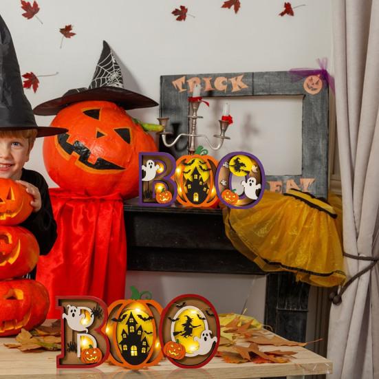 Halloween Night Light Wooden Light-up Boo Ornament Pumpkin Ghost Castle Table Decoration with Lights for Home Mantel Dining Table