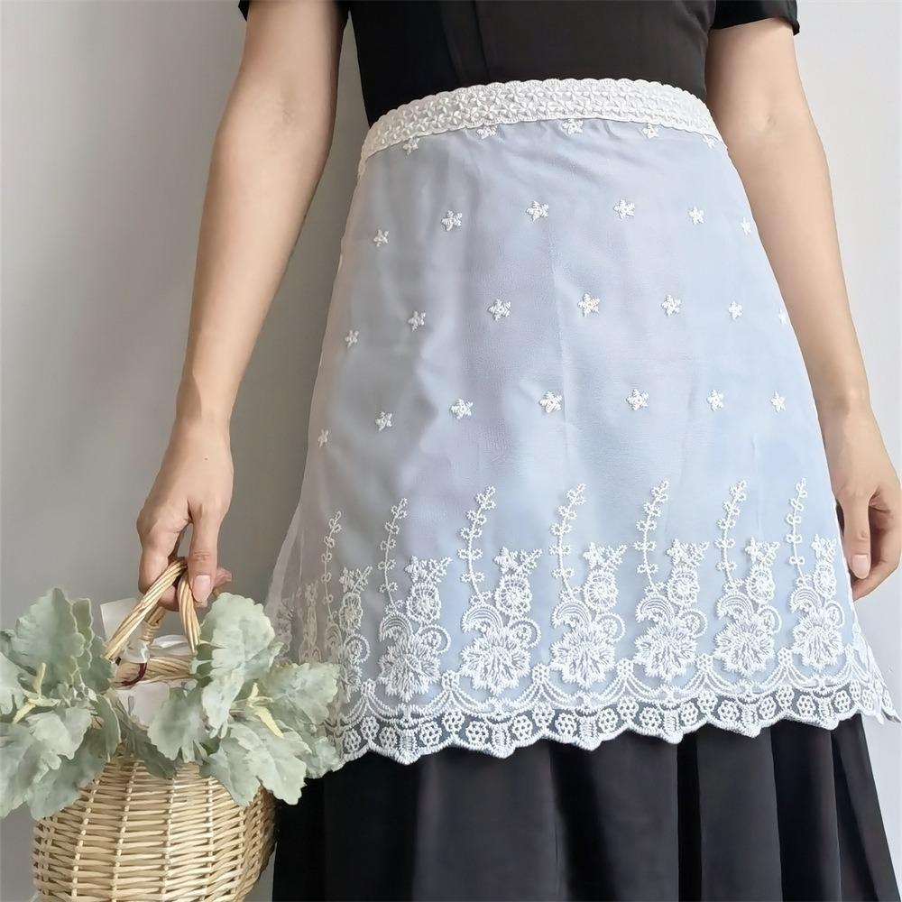 White Lace Embroidered Half Waist Apron Waterproof Cottagecore Kitchen Cooking Apron