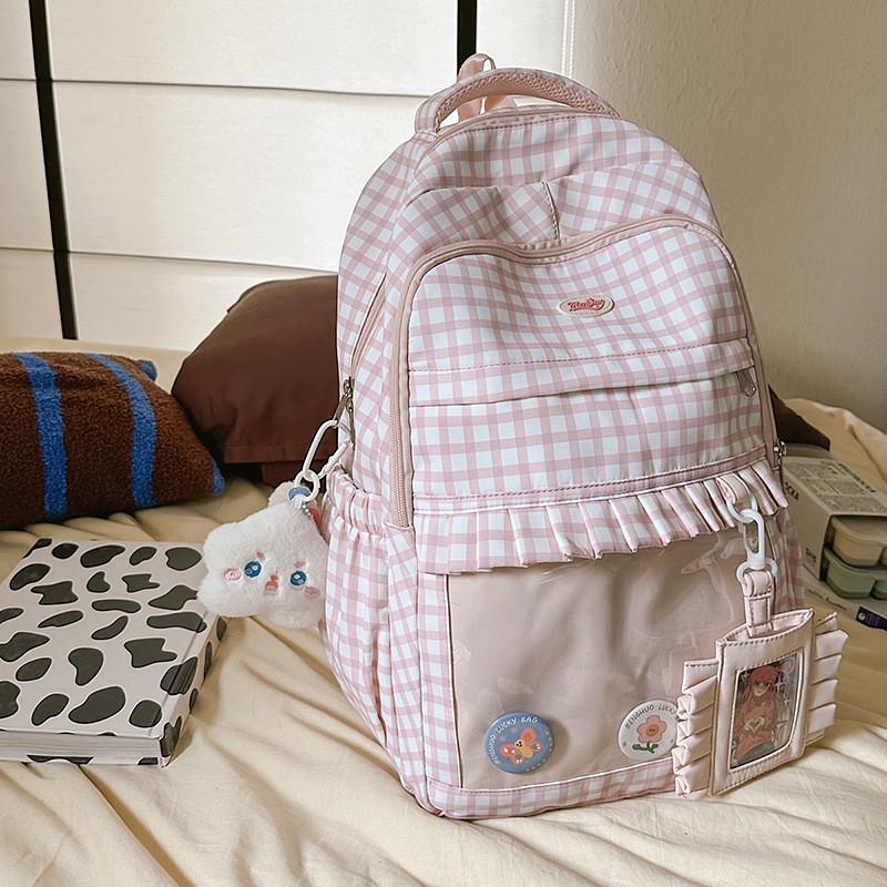 Checkered Pattern Sweet Lace Design Student Backpack With Plush Decor Pendant