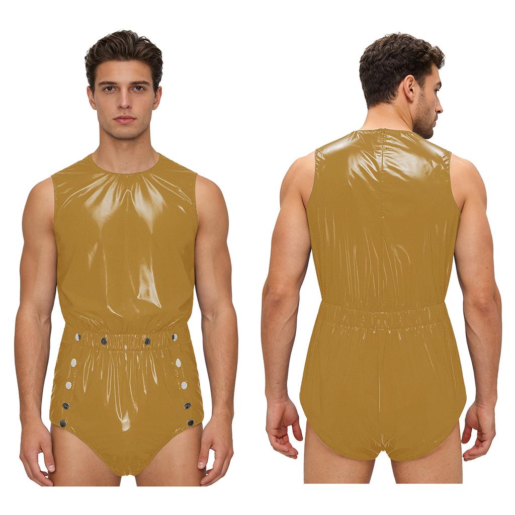 S-3XL Mens Waterproof Bodysuit Openable Crotch with Buttons Sleeveless Back Zipper Elastic Waistband One-piece Romper Jumpsuit for Clubwear Swimming