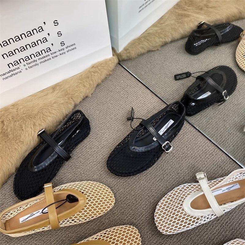 Round Head One-word Buckle with Mary Jane Single Shoes Ballet Shoes Mesh Flat Bottom Hollow Fishing Net Shoes Sandals