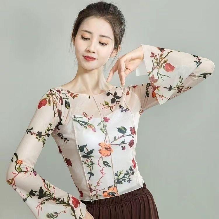 Klasik Dans Üstleri Modern Dans Uygulama Kıyafetleri Kadınlar İçin Slim Fit Baskılı Dans Kostümleri