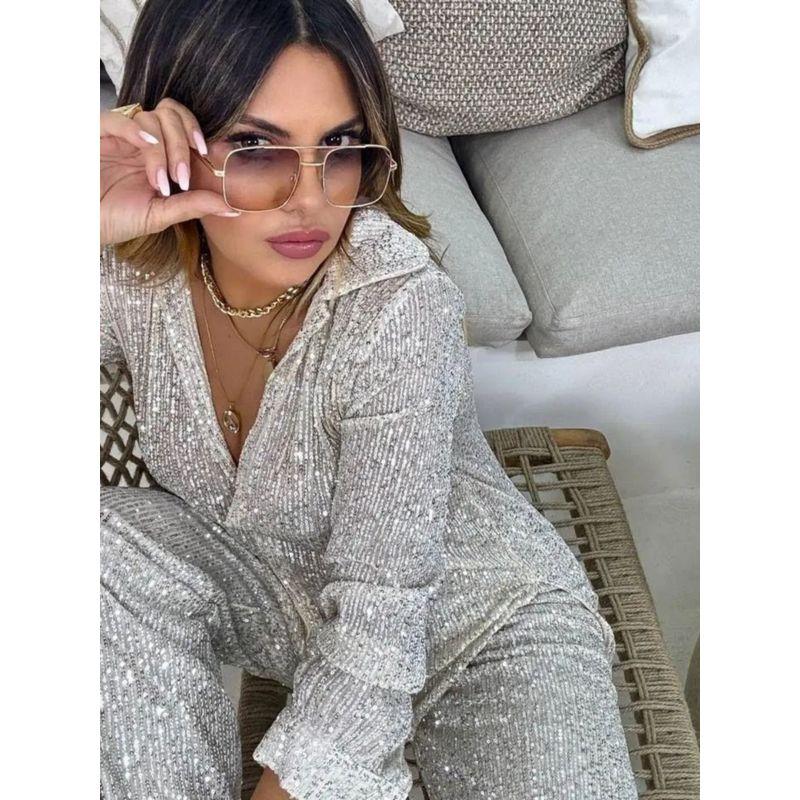 Two Piece Sequin Set Sequin Outerwear Trousers Top Set Temperament Sequins Two-piece Suit Set Formal Dress