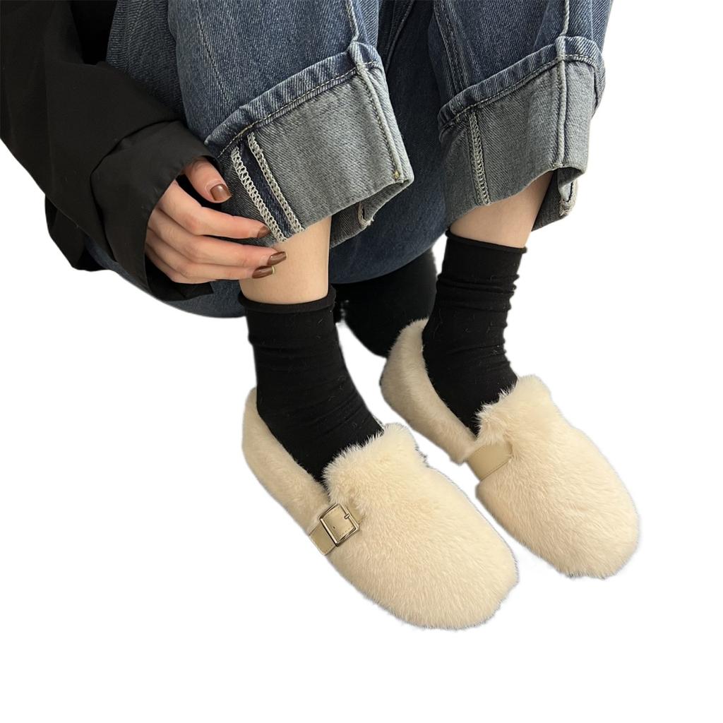 Fashion Round Toe Lamb Fur Shoes Woman 35-40 Big Size Furry Mocasines Warm Winter Shoes Female Lambwool Slip on Loafers Curly Fur Flats