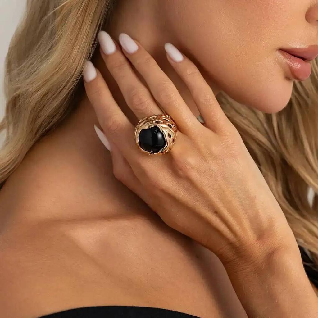 SHIXIN Vintage Hyperbole Irregular Metal  Inlaid Resin Thick Textured Round Rings Women Trendy Finger Aesthetics Jewelry Gifts