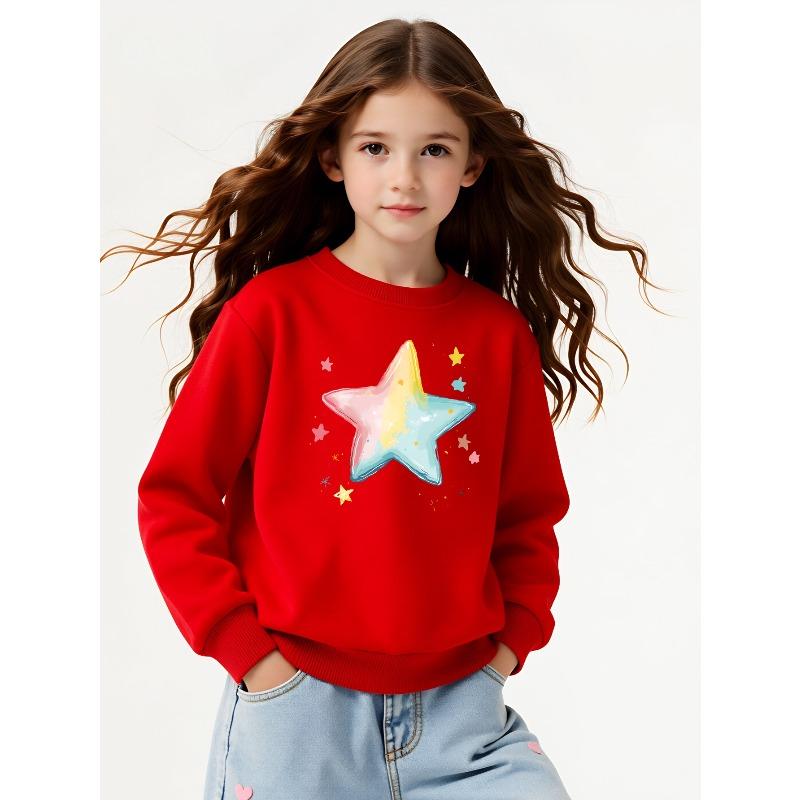 Girls' Crewneck Sweatshirt Colorful Star Pattern Print Design Machine Washable, Spring And Autumn, Sportswear And Casual Wear, Soft And Comfortable