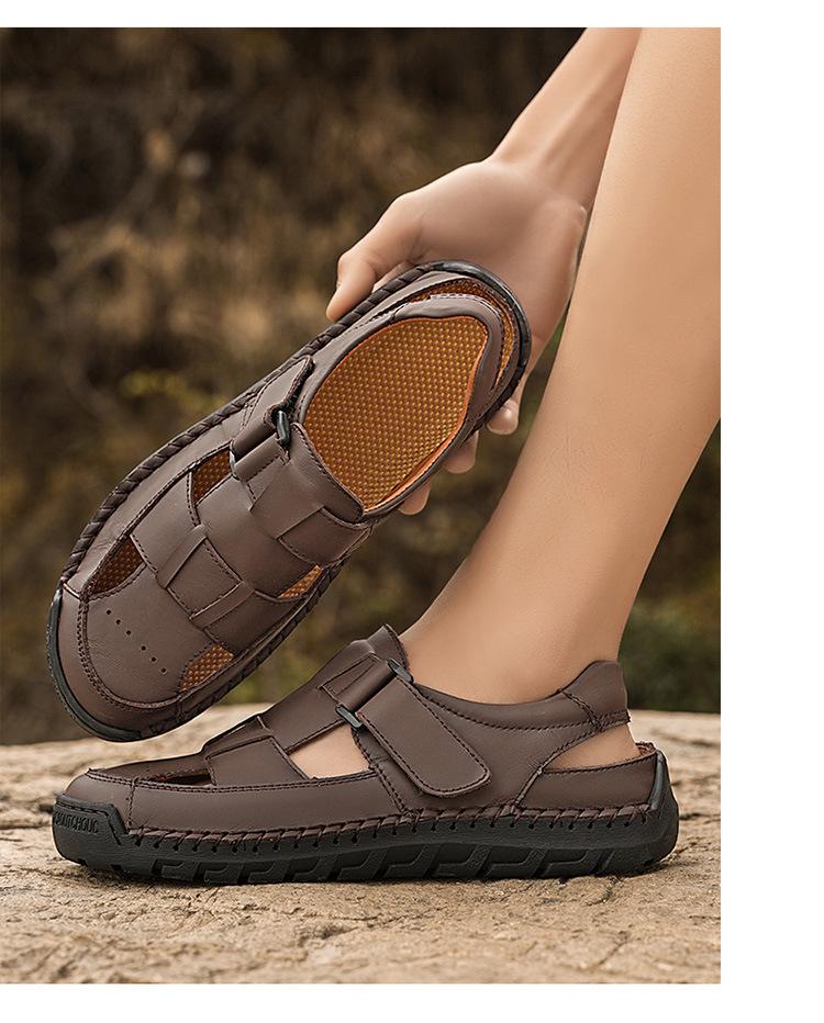 Men's Hand-Stitched Cowhide Leather Sandals with Soft Sole, Large Size Beach Shoes