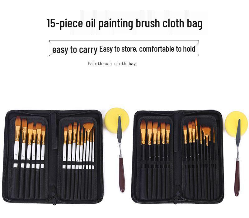 15-Piece Oil Painting Nylon Brush Set with Canvas Bag for Gouache & Watercolor