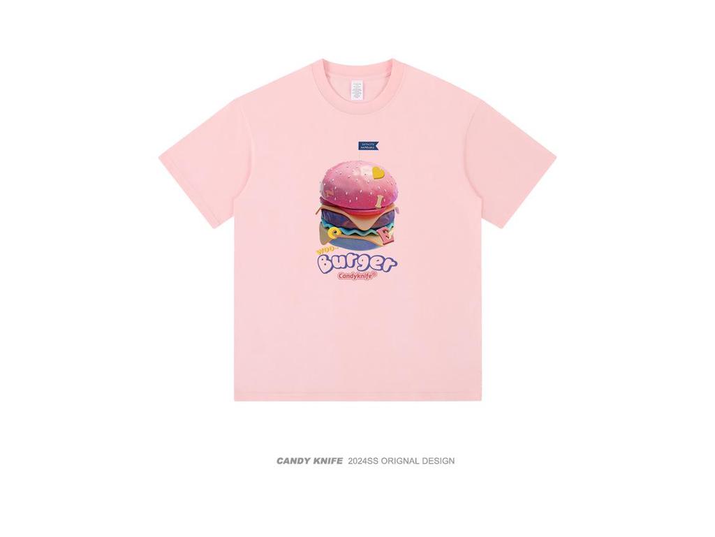 Retro Hamburger Print Short Sleeve T-Shirt for Couples - Trendy, Loose Fit for Men & Women
