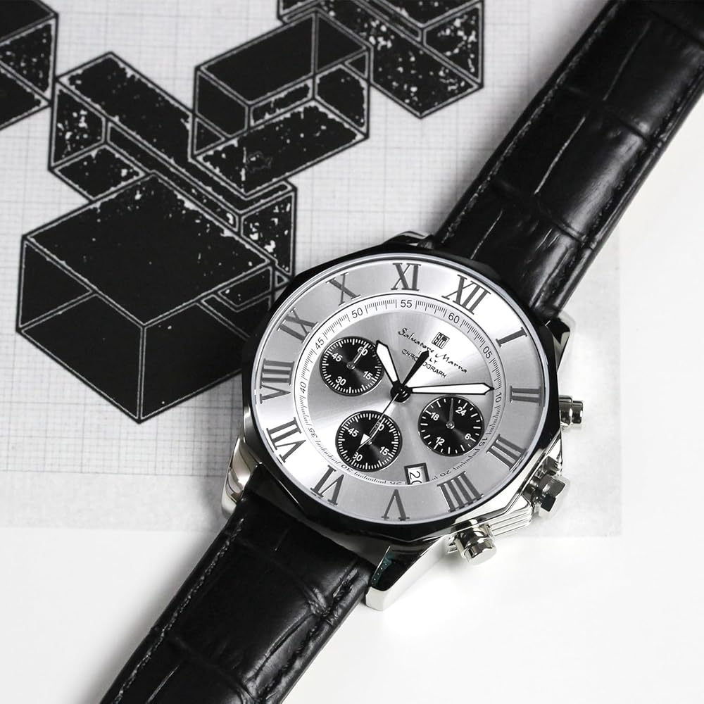 Salvatore Marra Chronograph Watch 10 ATM Water Resistant Men's Leather Strap Silver White Black Panda SM15104-SSWHBKLE