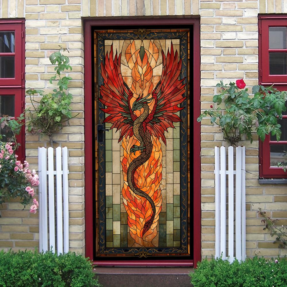 

1 piece of Phoenix Nirvana themed decorative door sticker adopts a retro painted glass style design, with flame red gold as the (as the picture,77x200cm)