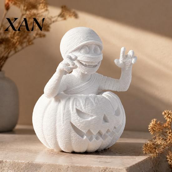 Unique Tabletop Display Piece 3D Printed Pumpkin Boy Figurine, Unpainted White DIY Statue, Detailed Mummy Ghost Figurine Halloween Sculpture, Creative