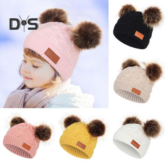 Kids Beanie Fall Winter Knitted Hat with 2 Pompom for Boys Girls 1-4 Years Old Warm Beanie Toddler Hat for Outdoor Activities