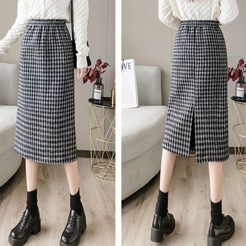 Kostkovaná sukně Houndstooth pro ženy Podzim a zima s fleecem zesíleným nad kolena Středně dlouhá rovná sukně s dělenými boky