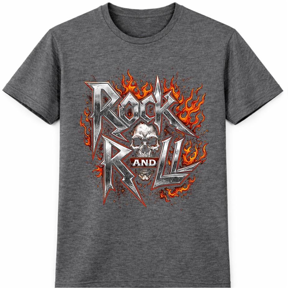 Rock N Roll T Shirt Flaming Skull Heavy Metal Gothic Biker Vintage Tee