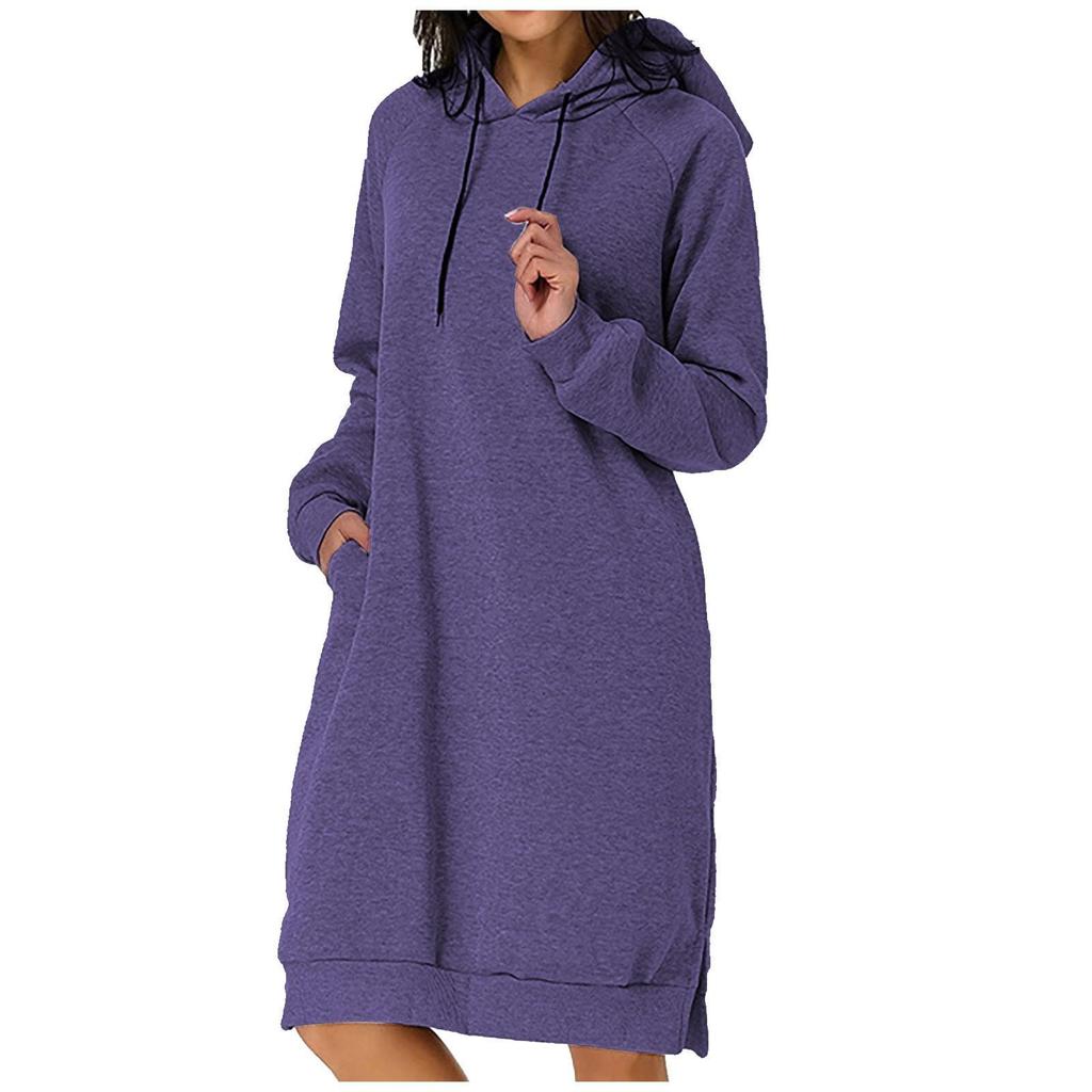 Women Fashion Casual Long Sleeve Solid Color Pockets Hat Loose Sweater Tops