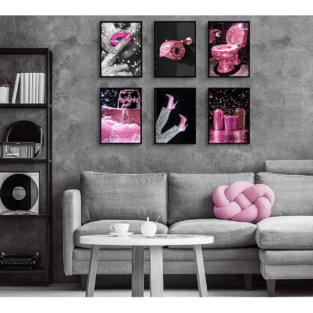 6Pcs Fashion Bathroom Canvas Wall Art Black and Pink Glam Glitter Tissue Funny Modern Women Painting Pictures Wall Decor Poster Print Artwork for