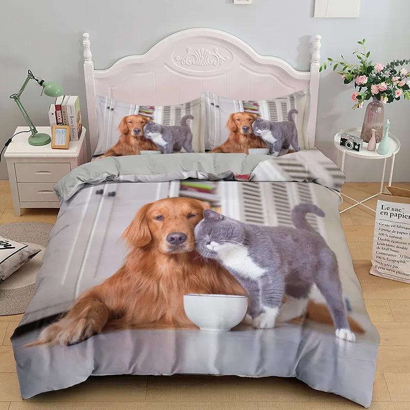 Cute Dog Pattern Single Quilt Cover with Zip, Animal Funny Dog Grey Inner Duvet Cover Set with Pillowcases for Children Adults