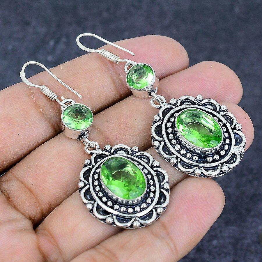 Natural Tsavorite Gemstone Handmade 925 Sterling Silver Earring 2.36" L9R12