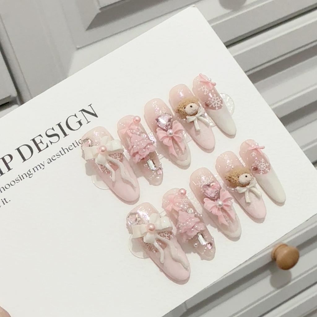 10Pcs Christmas Bear Design Press On Nails Easy To Apply and Remove Fake Nails for Party