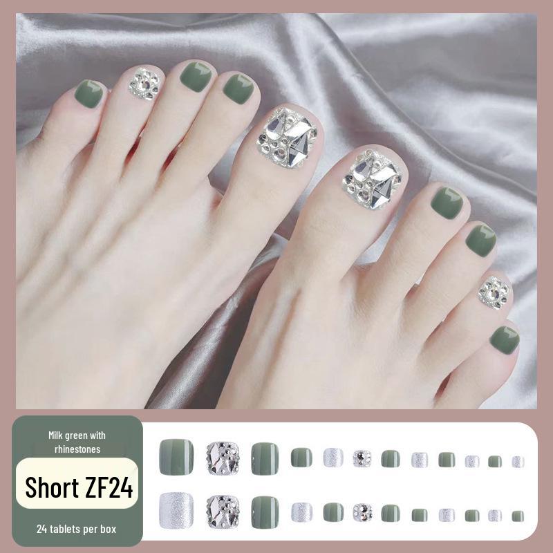 

Avocado Green Rhinestone Summer Toenail Tips: Removable, Wearable False Nails Glue Type