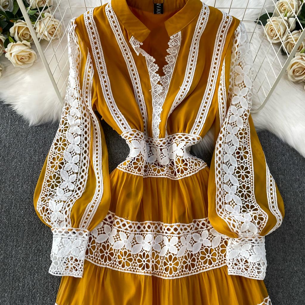 Vestidos de Noite de Baile de Outono de Designer de Luxo Vazados Bordados Para Mulheres Renda Patchwork Decote em V Manga Longa Lanterna Maxi Robe