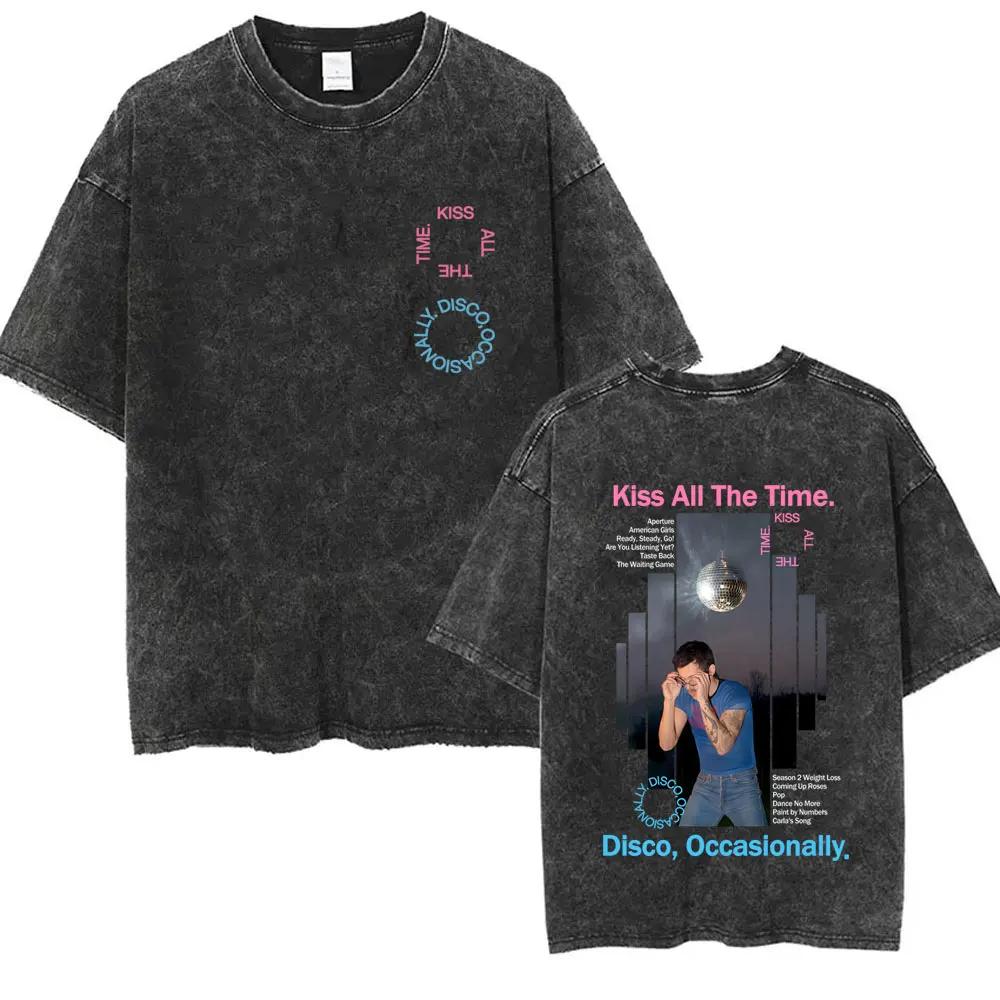 Kiss All The Time Disco Occasionally Washed Tshirt Unisex Women Hip Hop Fashion Oversized Streetwear Unisex Vintage Casual Tshirt