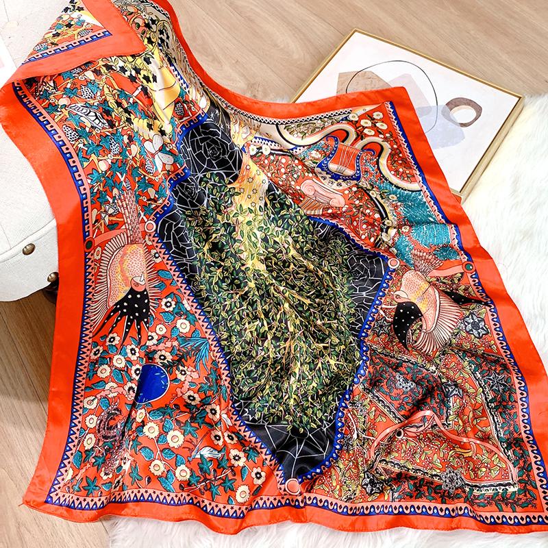 Luxury Brand Foulard Neckerchief Shawl Wraps Print Silk Satin Scarf Square Women Muslim Hijab Elegant Headband Bandana