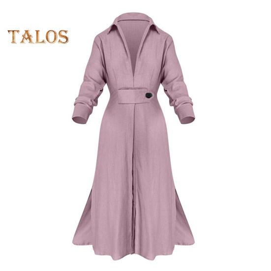 Fall Spring Women Dress Slim Waist Long Sleeves Split Hem Pure Color Lapel V Neck Shirt Type OL Commute Dating Maxi Dress