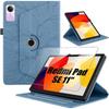 Case + Tempered Glass for Xiaomi Redmi Pad SE 11 Inches, Blue Tree Embossed Synthetic Leather Rotating Case